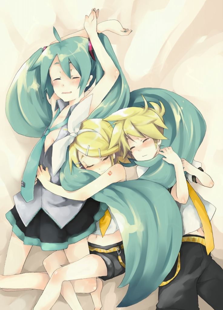 blonde_hair closed_eyes hatsune_miku kagamine_len kagamine_rin long_hair midriff necktie short_hair shorts siblings skirt sleeping smile twins twintails very_long_hair vocaloid