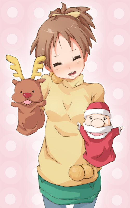 chonbo_(artist) christmas closed_eyes hand_puppet hirasawa_ui k-on! pantyhose polka_dot ponytail puppet reindeer santa_claus short_hair solo