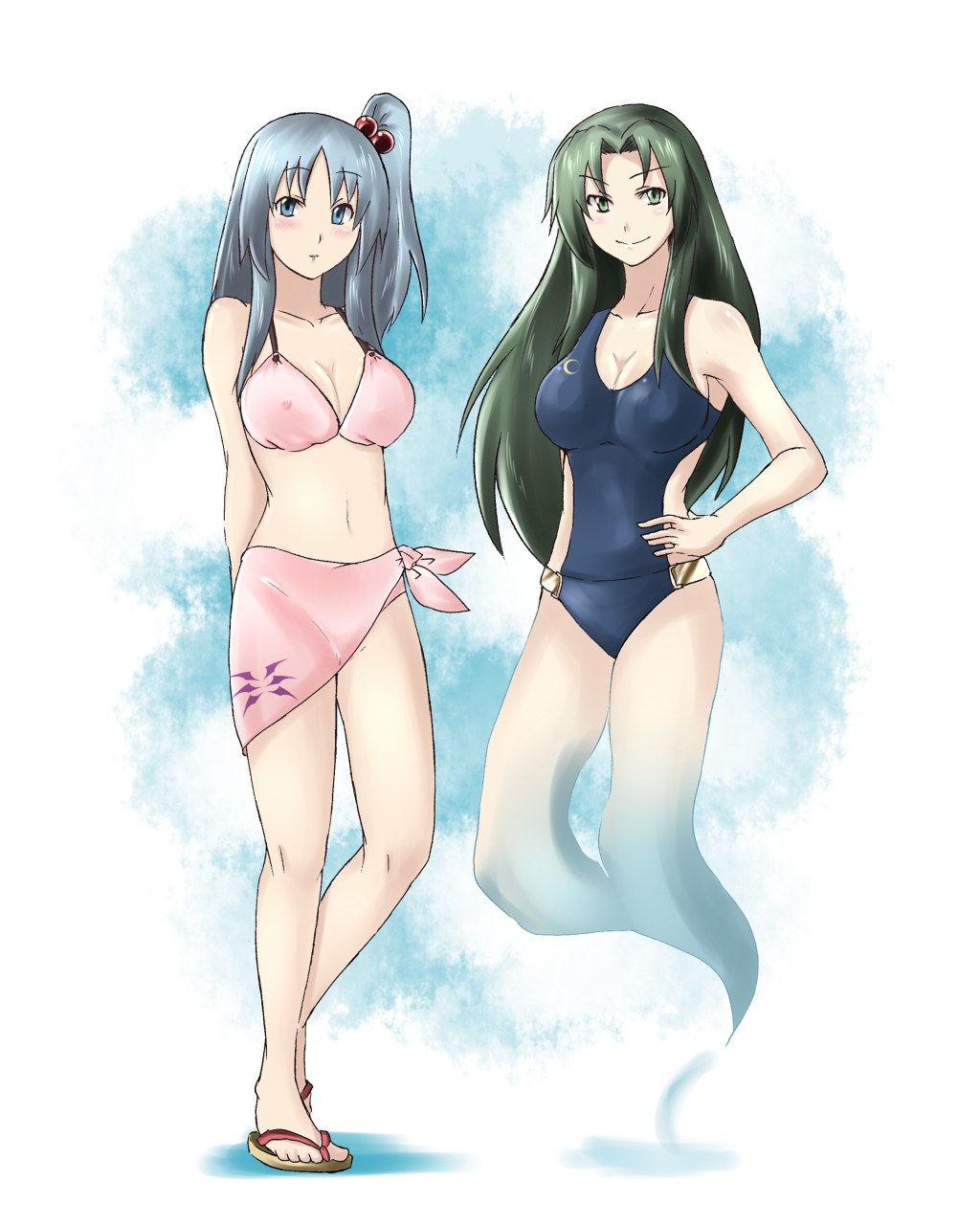 bikini blue_eyes breasts cleavage green_eyes green_hair grey_hair hair_bobbles hair_ornament highres large_breasts long_hair mima multiple_girls one-piece_swimsuit reon_(pixiv) reon_(saikyou) sandals shinki side_ponytail silver_hair swimsuit touhou