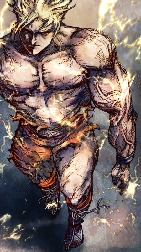 1boy dragon_ball dragon_ball_z dragonball dragonball_z homex lightning male male_focus manly muscle shirtless son_goku son_gokuu super_saiyan topless torn_clothes