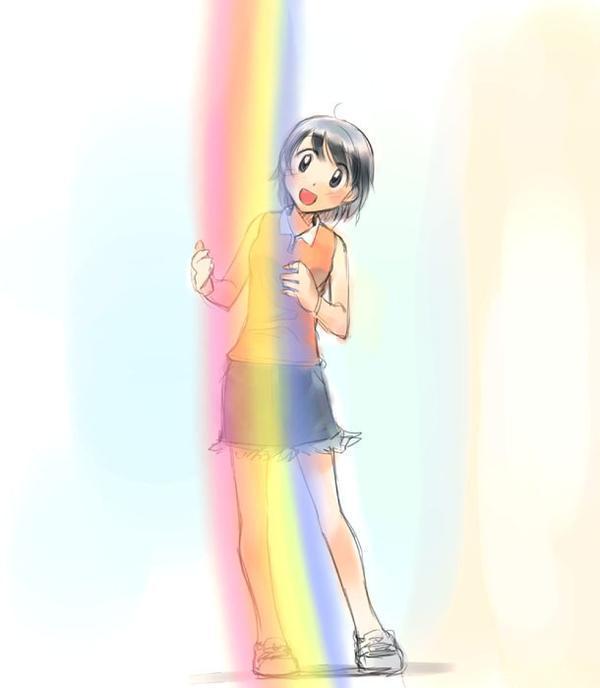 blue_eyes orange_shirt rainbow short_hair skirt