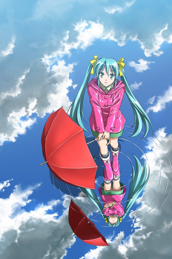 aqua_eyes aqua_hair bad_id boots cloud clouds coat from_above hair_ribbon hatsune_miku long_hair mid_knight reflection ribbon ripples rubber_boots skirt sky smile solo twintails umbrella vocaloid water