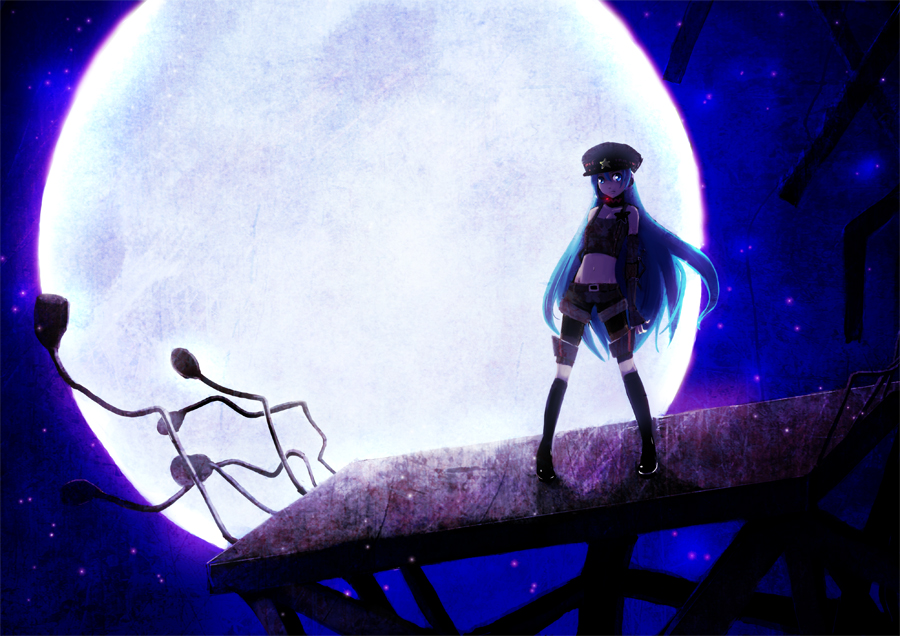 aqua_eyes aqua_hair bloodink fingerless_gloves full_moon gloves hat hatsune_miku long_hair midriff moon navel night project_diva shorts socks solo vocaloid