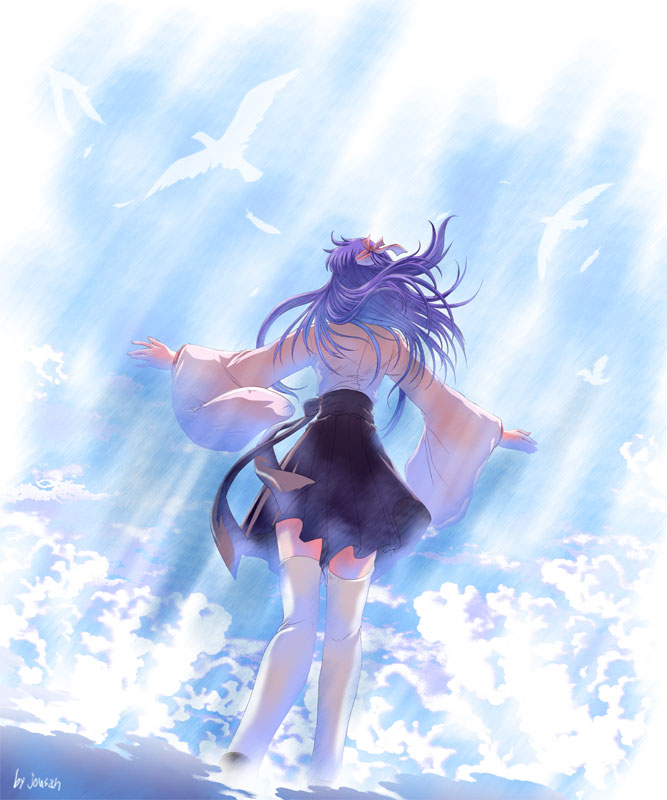 bird cloud clouds from_behind hair_ribbon japanese_clothes long_hair purple_hair ribbon sash skirt sky solo thigh-highs thighhighs white_legwear white_thighhighs xiacheng_tatsuya zettai_ryouiki