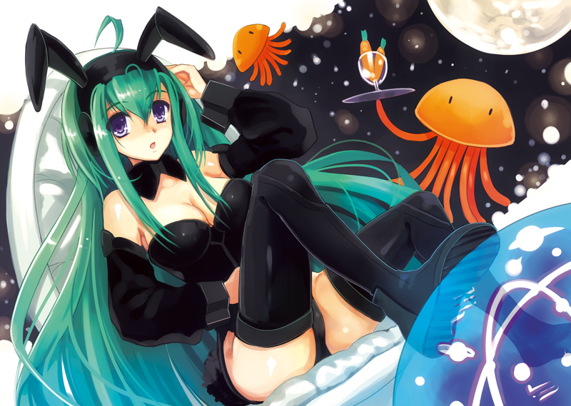 bad_id boots breasts bunny_ears bunny_girl bunny_tail bunnysuit carrot cleavage detached_sleeves glass green_eyes long_hair macchatei_koeda moon octopus original purple_eyes rabbit_ears tail thigh-highs thigh_boots thighhighs tray violet_eyes