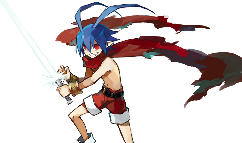 blue_hair bracelet disgaea energy_sword grin jewelry laharl no_shirt red_eyes red_scarf scarf shirtless shorts smile starshadowmagician sword weapon