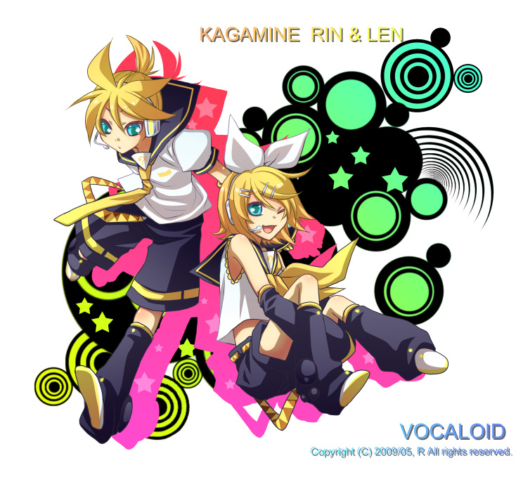 blonde_hair blue_eyes hair_ornament hair_ribbon hairclip headphones headset kagamine_len kagamine_rin midriff necktie ribbon riku-69 short_hair shorts siblings smile twins vocaloid wink