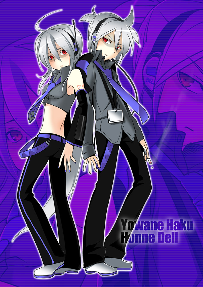 back-to-back back_to_back caffein cigarette detached_sleeves headphones honne_dell name_tag necktie red_eyes silver_hair vocaloid vocaloid_boxart_pose voyakiloid yowane_haku zoom_layer