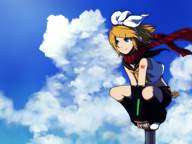 blonde_hair blue_eyes cloud clouds hair_ornament hair_ribbon hairclip kagamine_rin midriff oharu ribbon scarf short_hair shorts sky smile vocaloid wind