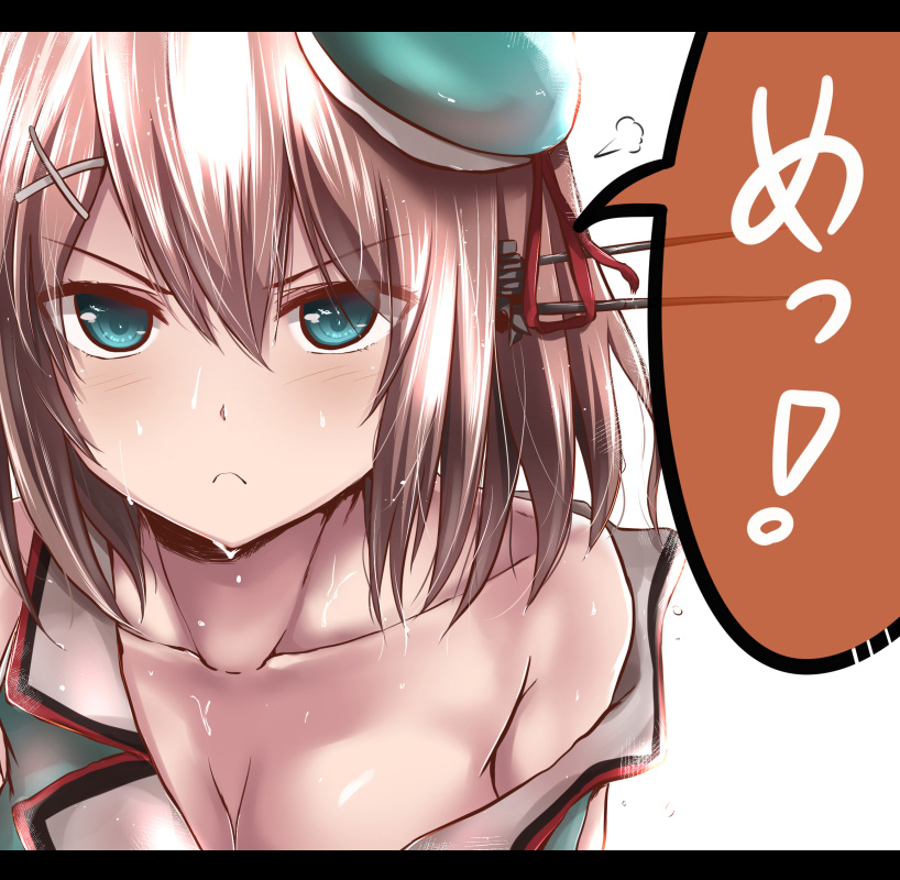 1girl :&lt; aqua_eyes bare_shoulders beret blush breasts brown_hair cleavage collarbone green_vest hair_between_eyes hat headgear kantai_collection letterboxed looking_at_viewer maya_(kantai_collection) off_shoulder short_hair solo speech_bubble tai_(nazutai) upper_body wet wet_clothes wet_hair x_hair_ornament