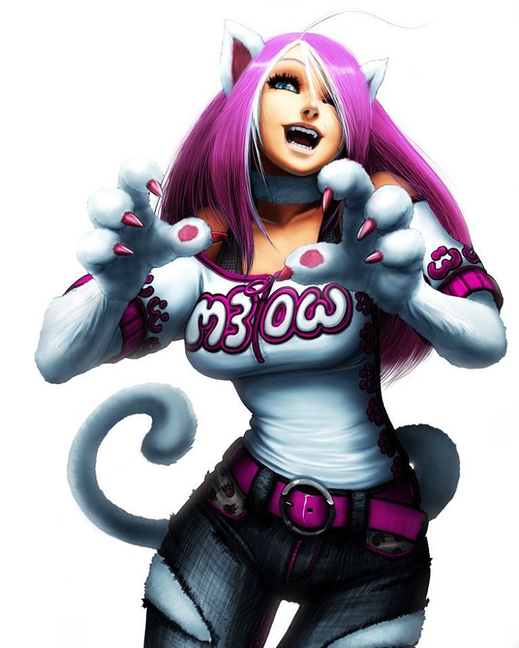 1girl 2011 :3 ahoge alternate_hair_color animal_ears bare_shoulders belt blue_eyes breasts casual cat_ears cat_paws cat_tail claws contemporary denim error felicia fur hair_over_one_eye highlights jeans large_breasts long_hair multicolored_hair omar_dogan one_eye_closed open_mouth pants paw_print paws pink_hair signature slender_waist smile solo tail thigh_gap torn_clothes torn_jeans two-tone_hair vampire_(game) white_hair zipper
