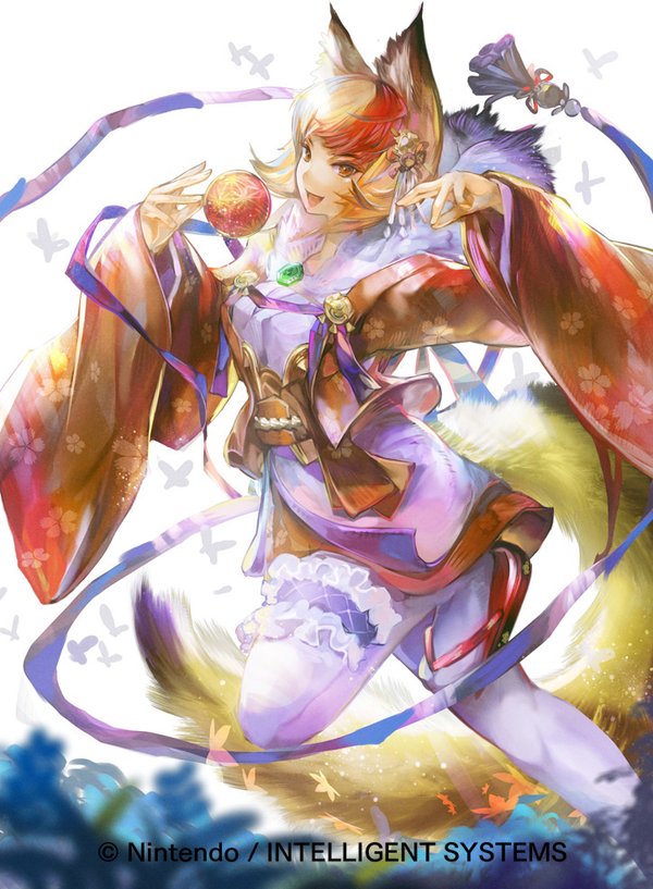 1girl animal_ears ball blonde_hair fire_emblem fire_emblem_cipher fire_emblem_if fox_ears fox_tail japanese_clothes kinu_(fire_emblem_if) multicolored_hair open_mouth orange_eyes redhead simple_background solo tail thigh-highs two-tone_hair white_background