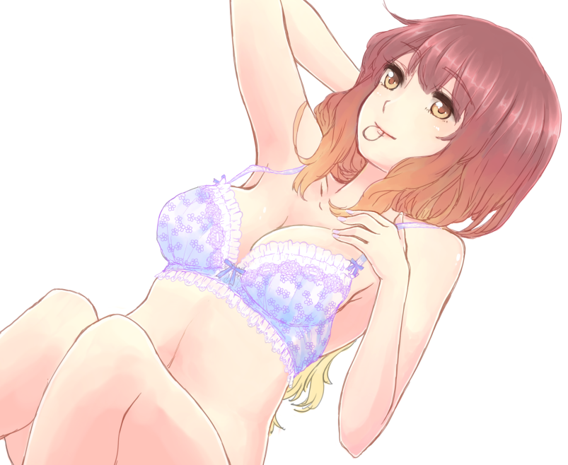 1girl adjusting_clothes bra breasts brown_hair cleavage frilled_bra frills gradient_hair hairband hijiri_byakuren knees_together knees_up long_hair lying mayoln mouth_hold multicolored_hair navel on_back smile solo strap_lift touhou underwear underwear_only white_background yellow_eyes
