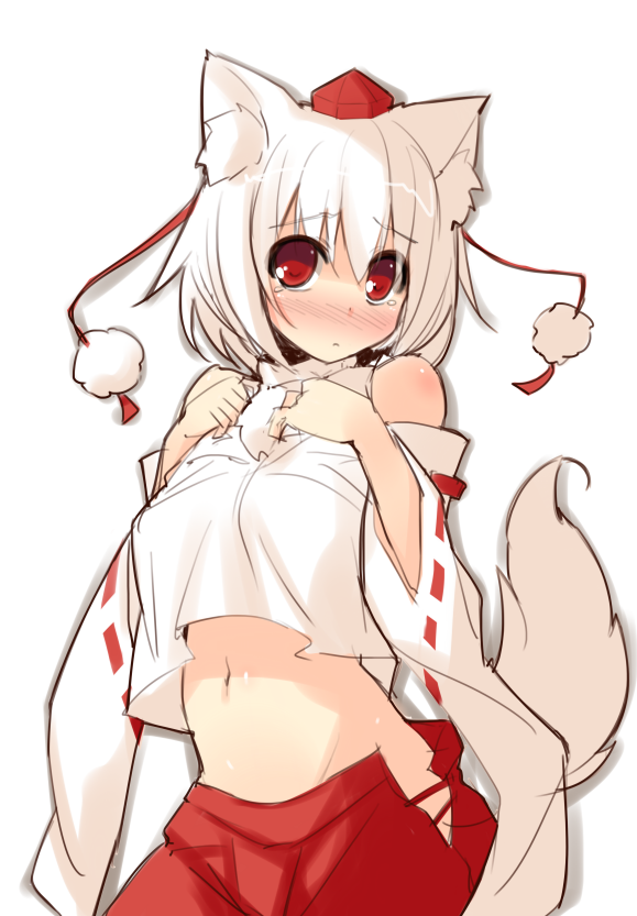 1girl animal_ears bare_shoulders blush crop_top crop_top_overhang detached_sleeves embarrassed hat hip_vent inubashiri_momiji japanese_clothes looking_at_viewer navel red_eyes short_hair simple_background solo tail tears tokin_hat touhou white_background white_hair wide_sleeves wolf_ears wolf_tail yanagi_yuu