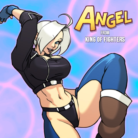 1girl :p ahoge angel_(kof) black_panties blue_eyes boots breasts chaps character_name cleavage cowboy_boots cropped_jacket fingerless_gloves gloves hair_over_one_eye josef_axner large_breasts lowres midriff panties short_hair silver_hair solo the_king_of_fighters thighs toned tongue tongue_out underwear