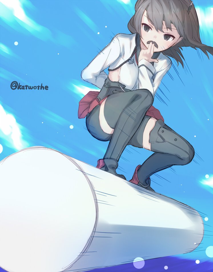 1girl arm_behind_back bike_shorts brown_eyes brown_hair check_commentary clouds column commentary_request dragon_ball facial_hair headband headgear kantai_collection kyuuma_(shimashima521) motion_lines mustache parody pillar pleated_skirt short_hair shorts_under_skirt skirt sky solo squatting taihou_(kantai_collection) thigh-highs touching_mustache twitter_username wind