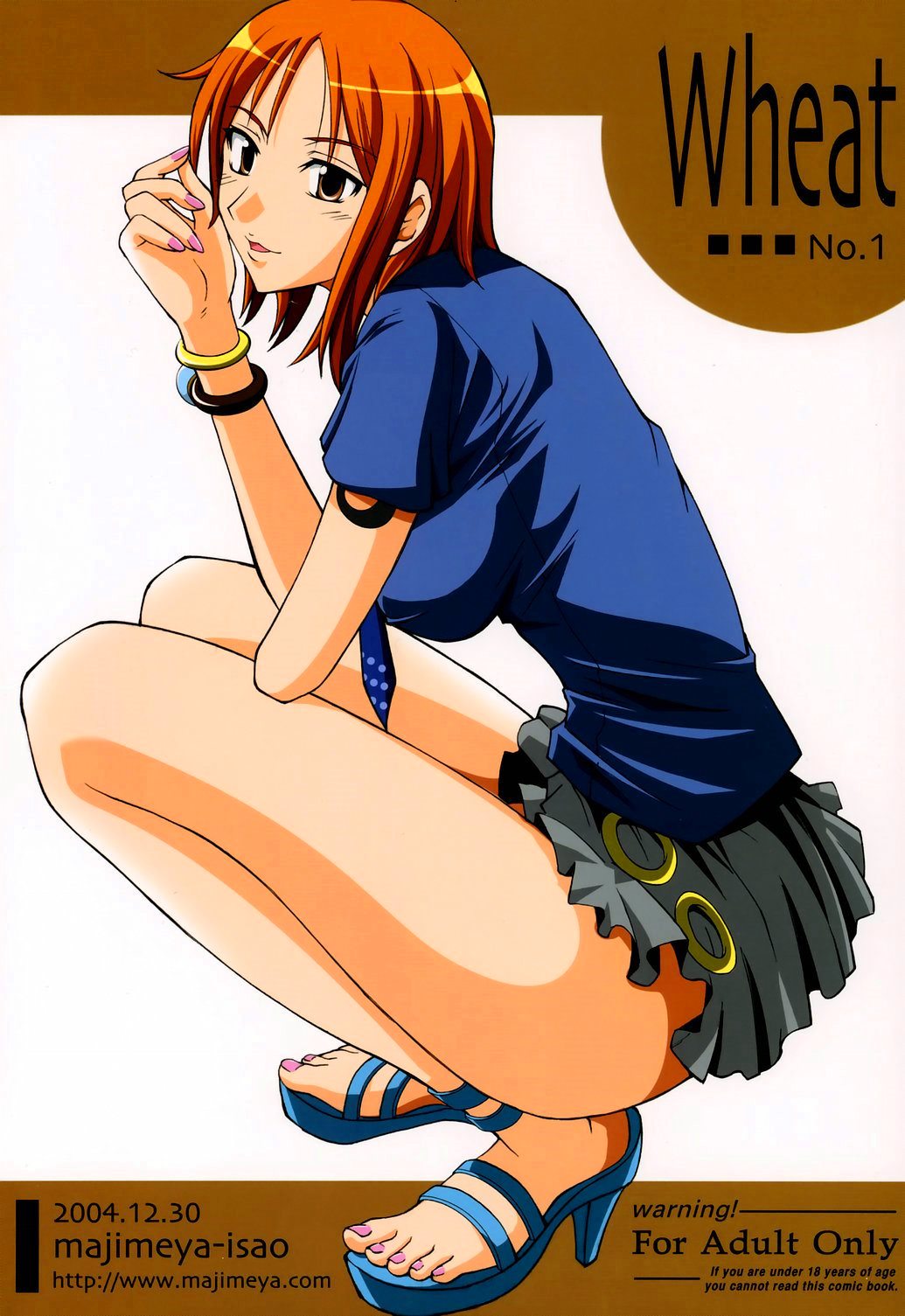 1girl bangle bare_legs blue_footwear blue_sandals blue_shirt blue_shoes bracelet brown_eyes cover cover_page doujinshi female full_body grey_skirt high_heel_sandals high_heels highres isao jewelry legs log_pose long_legs miniskirt nail_polish nami_(one_piece) necktie no_socks one_piece open_mouth orange_hair parted_lips pink_nails sandals shirt shoes short_hair short_sleeves skirt solo squatting tattoo thighs toenail_polish