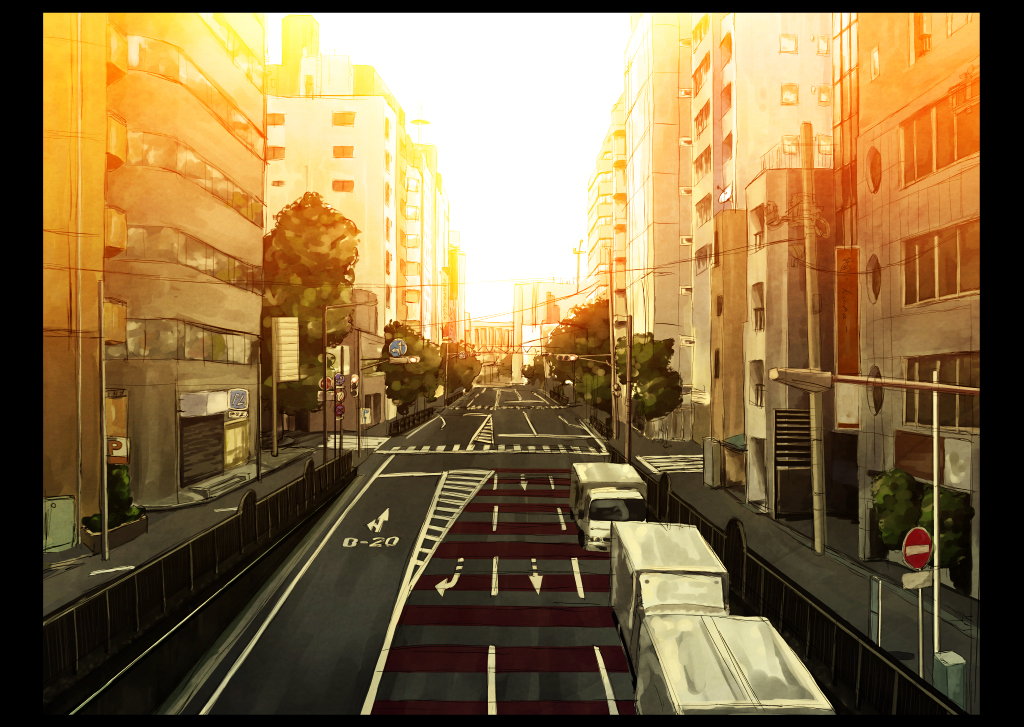 building city no_humans outdoors road road_sign ryogo scenery sign sky street sunset tagme tree vehicle