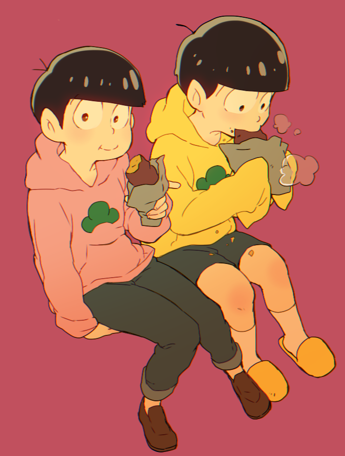 2boys black_hair bowl_cut denim eating food food_on_face hoodie invisible_chair jeans jyushimatsu looking_at_viewer looking_down male_focus multiple_boys osomatsu-kun osomatsu-san pants shorts sitting sleeves_past_wrists slippers smile socks steam sweet_potato tanaka_(tanakya123) todomatsu