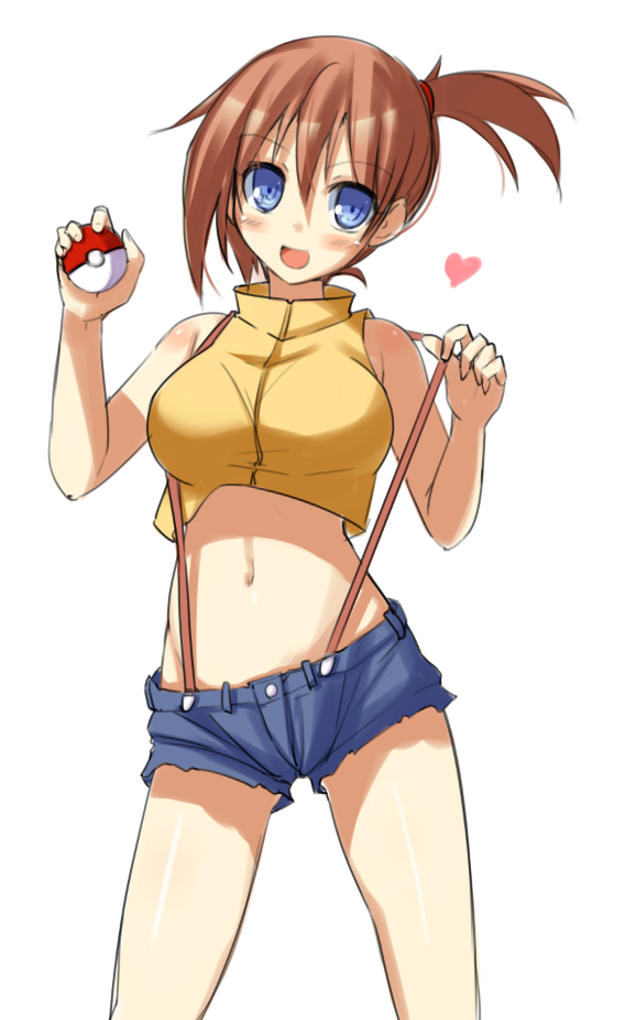 1girl :d bare_shoulders blue_eyes blush breasts brown_hair contrapposto crop_top heart kasumi_(pokemon) large_breasts looking_at_viewer navel open_mouth poke_ball pokemon pokemon_(anime) short_hair shorts side_ponytail simple_background sleeveless smile solo suspenders suspenders_pull white_background yanagi_yuu