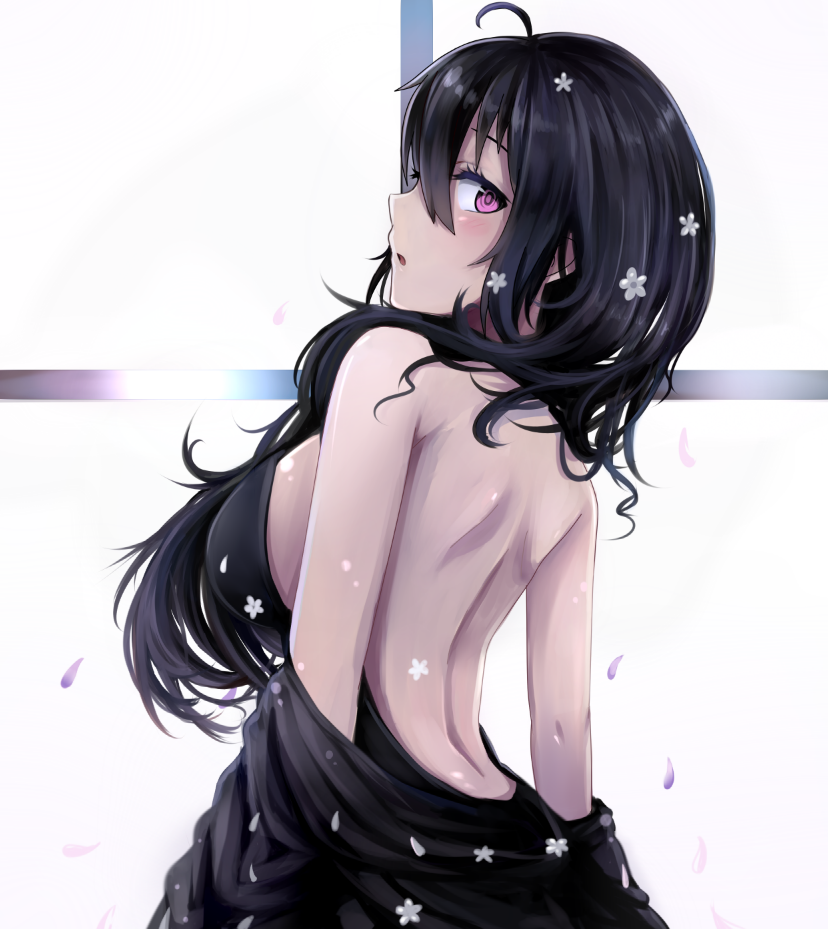 1girl :o ahoge bare_back bare_shoulders beifeng_han black_dress blush breasts cowboy_shot dress flower from_behind hair_flower hair_ornament large_breasts long_hair looking_at_viewer looking_back miyaura_sanshio off_shoulder open_mouth original petals pink_eyes sideboob simple_background solo strapless_dress white_background