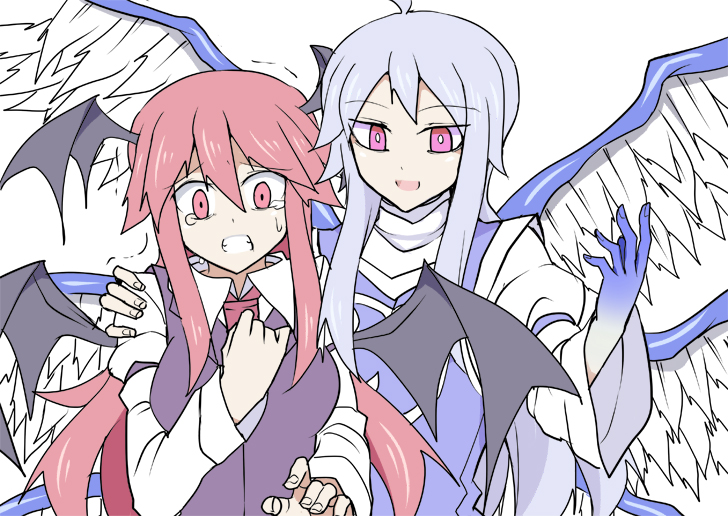 :d ahoge alternate_eye_color angel_and_devil angel_wings arm_up armband bat_wings blue_skin blue_wings clenched_teeth commentary_request dress_shirt feathered_wings hand_on_another's_shoulder hand_on_own_chest head_wings kenuu_(kenny) koakuma long_hair looking_at_viewer multicolored_wings multiple_wings necktie open_mouth red_eyes redhead sariel scared shirt sidelocks silver_hair simple_background smile tears touhou touhou_(pc-98) trembling vest violet_eyes white_background white_pupil white_shirt white_wings wings