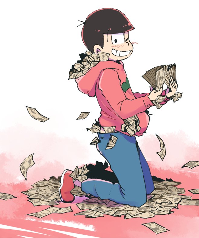 1boy ;) black_hair blush bowl_cut denim gradient gradient_background hoodie itoda_(110da) jeans kneeling male_focus money one_eye_closed osomatsu-kun osomatsu-san osomatsu_(osomatsu-kun) pants simple_background smile solo