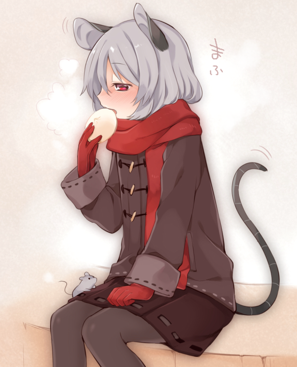 1girl akagashi_hagane alternate_costume animal_ears blush coat food full-face_blush gloves grey_legwear long_sleeves mouse mouse_ears mouse_tail nazrin open_mouth pantyhose profile red_eyes red_gloves scarf short_sleeves sitting skirt solo tail text touhou winter_clothes