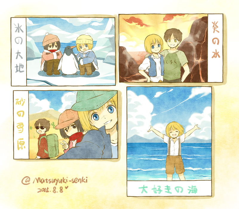 1girl 2boys armin_arlert bird blonde_hair blue_eyes cactus coat desert eren_yeager hat mikasa_ackerman moxue_qianxi multiple_boys penguin photo_(object) shingeki_no_kyojin short_hair shorts sky suspenders v water