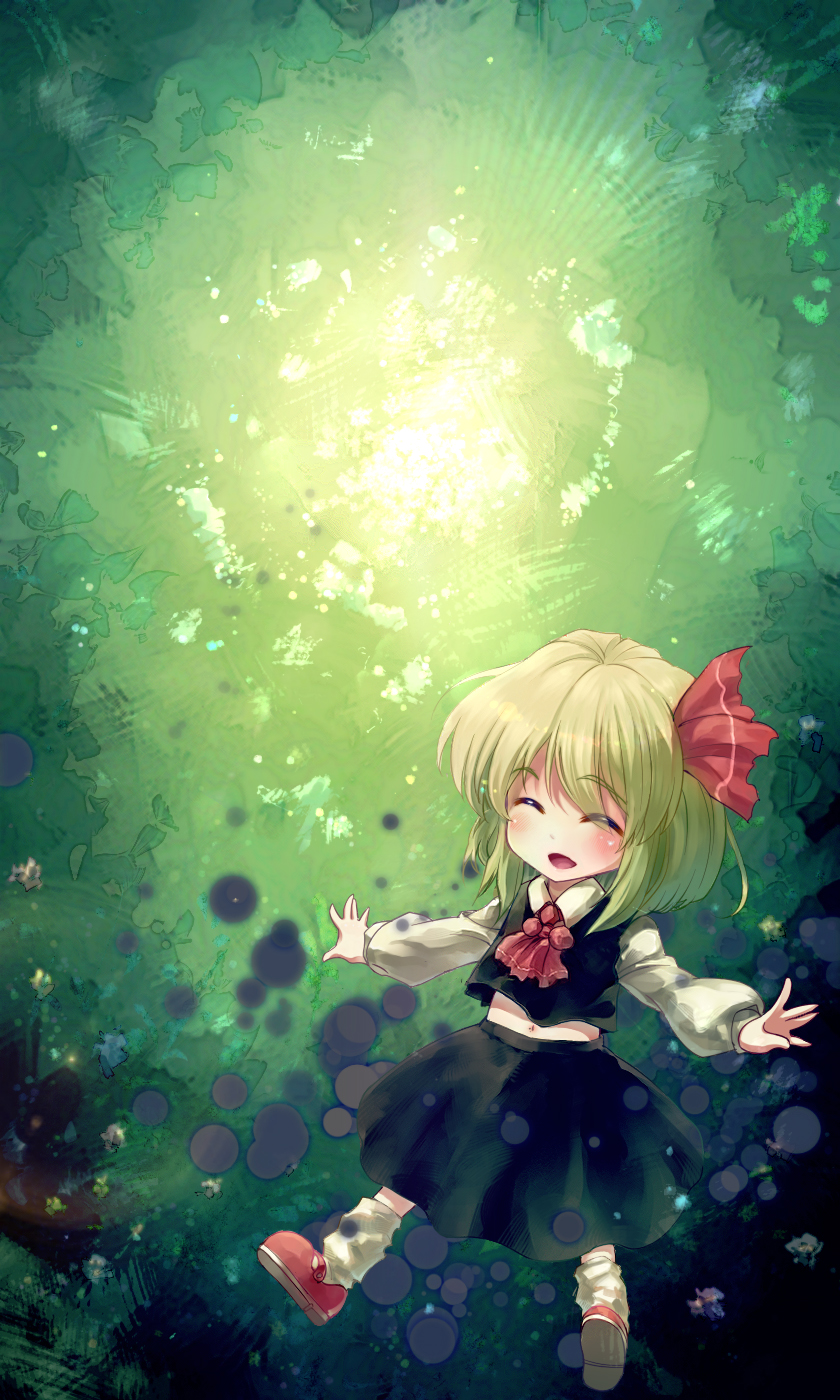 1girl ascot blonde_hair child closed_eyes hair_ribbon highres long_sleeves open_mouth outstretched_arm ribbon rumia shirt skirt skirt_set solo touhou vest volcano_(liao)