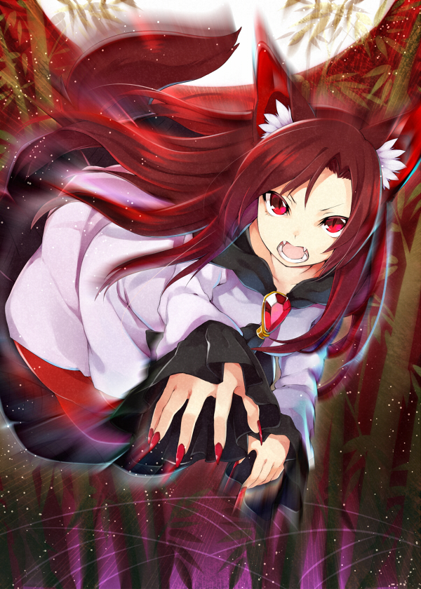 1girl akagashi_hagane animal_ears bamboo brooch brown_hair fangs full_moon gem imaizumi_kagerou jewelry long_hair long_nose long_sleeves looking_at_viewer moon open_mouth red_eyes red_fingernails shirt skirt solo tail touhou very_long_hair wide_sleeves wolf_ears wolf_tail