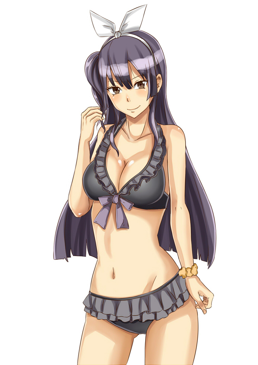 1girl bikini blush breasts brown_eyes cleavage collarbone cowboy_shot eyelashes fairy_tail frilled_bikini frills hair_ribbon hair_twirling highres kagura_mikazuchi long_hair navel purple_hair ribbon scrunchie simple_background smile solo swimsuit white_background xsorax812