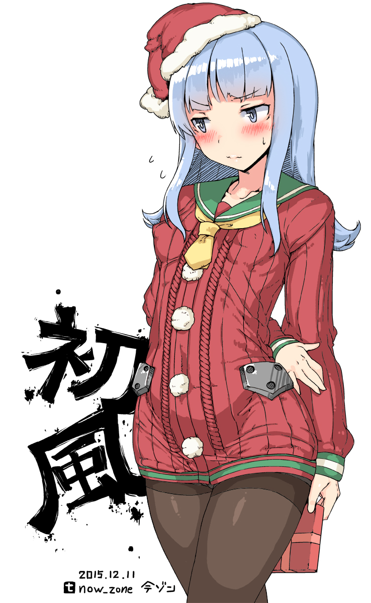 1girl alternate_costume arm_behind_back black_legwear blue_eyes blue_hair blush box character_name collarbone commentary_request dated dress flying_sweatdrops gift gift_box hat hatsukaze_(kantai_collection) highres holding_box holding_gift imazon kantai_collection long_hair long_sleeves looking_away pantyhose red_dress santa_costume santa_hat simple_background solo thighband_pantyhose twitter_username white_background