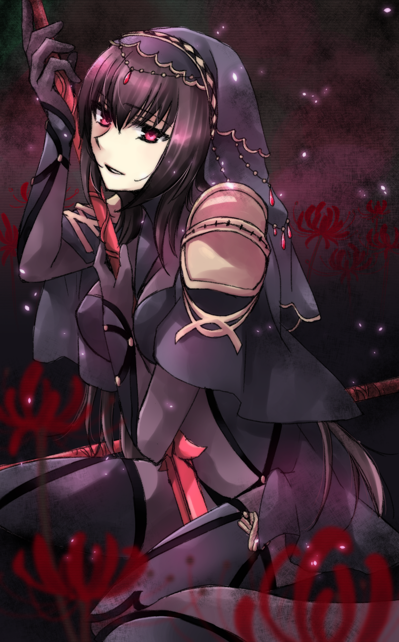 1girl bodysuit fate/grand_order fate_(series) gae_bolg highres long_hair parted_lips purple_hair red_eyes scathach_(fate/grand_order) sitting smile solo terai_arina veil wariza