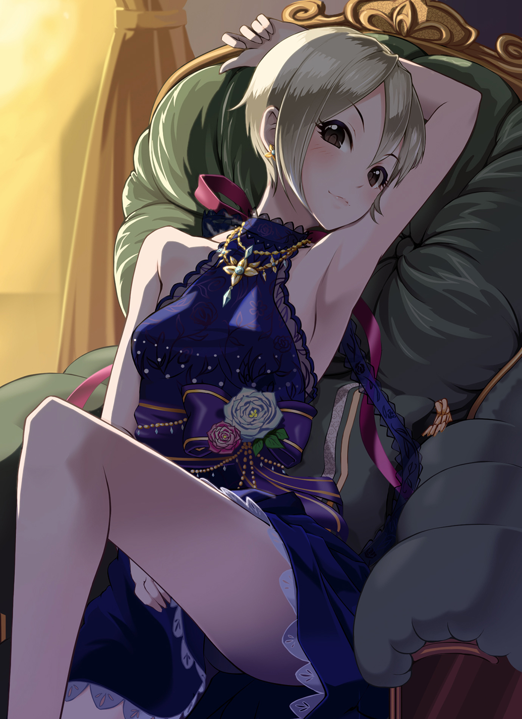 1girl argon arm_up armpits bare_shoulders black_eyes blonde_hair blush commentary_request dress earrings highres idolmaster idolmaster_cinderella_girls jewelry looking_at_viewer shiomi_shuuko short_hair silver_hair sitting sleeveless sleeveless_dress smile solo
