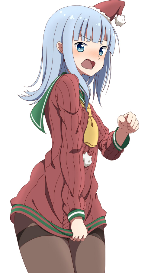 1girl blue_hair blush brown_legwear christmas clothes_pull commentary_request hat hatsukaze_(kantai_collection) kantai_collection long_hair long_sleeves looking_at_viewer open_mouth pantyhose ribbed_sweater santa_hat simple_background solo sweater sweater_pull thighband_pantyhose toho-77 white_background
