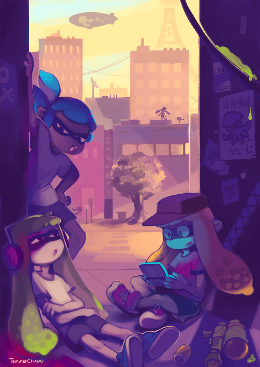 1boy 2girls alley artist_name bike_shorts blimp can dark_skin dirigible domino_mask hand_on_hip handheld_game_console headphones indian_style inkling leaning mask multiple_girls nintendo_3ds open_mouth ponytail poster_(object) shirt shoes sitting sneakers splatoon splattershot super_soaker t-shirt temmie_chang tentacle_hair tongue tongue_out tree