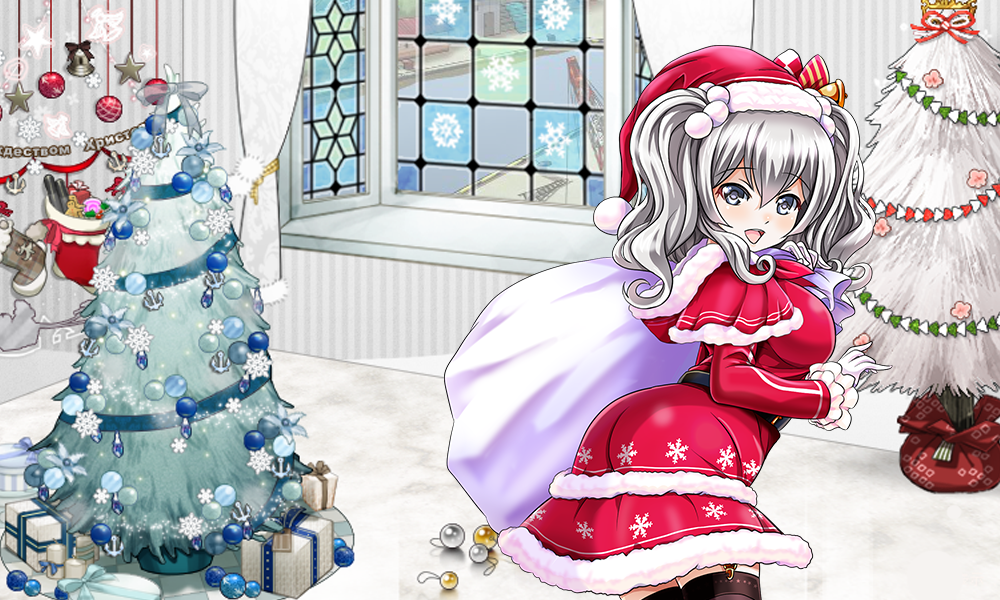 1girl :d bauble bell black_legwear blue_eyes blue_ribbon blush bobblehat bow candy carrying_over_shoulder christmas_stocking cookie crane crown dress food frilled_sleeves frills fur_trim garter_straps gem gift gloves harbor hat hat_bow indoors kantai_collection kashima_(kantai_collection) long_sleeves open_mouth over_shoulder red_dress red_ribbon ribbon russian sack sapphire_(stone) see-through short_hair silver_hair smile solo star sweets thigh-highs tk8d32 transparent_bow white_gloves windowsill zettai_ryouiki