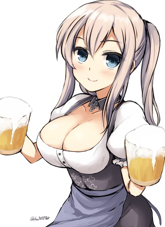 1girl alternate_costume beer_mug blonde_hair blue_eyes breasts cleavage dirndl don_(29219) dress german_clothes graf_zeppelin_(kantai_collection) grey_eyes kantai_collection large_breasts long_hair oktoberfest smile solo twintails underbust
