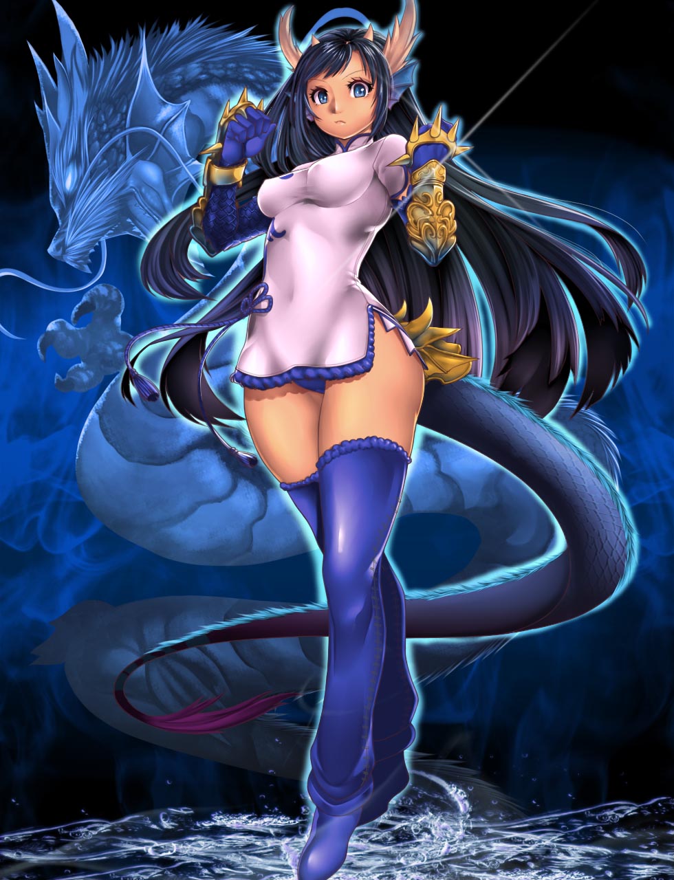 1girl animal bangs black_hair blue_background blue_eyes blue_legwear blue_panties brass_knuckles china_dress chinese_clothes clenched_hands closed_mouth covered_navel covered_nipples dragon dragon_girl dragon_horns dragon_tail dress frown full_body gloves gradient gradient_background gradient_hair head_fins highres horns karin_(p&amp;d) leg_warmers lens_flare long_hair looking_at_viewer multicolored_hair panties pantyshot pantyshot_(standing) puzzle_&amp;_dragons rumutan scales short_dress short_sleeves side_slit solo sparkle spikes standing swept_bangs tail tassel underwear upskirt vambraces very_long_hair water weapon white_dress