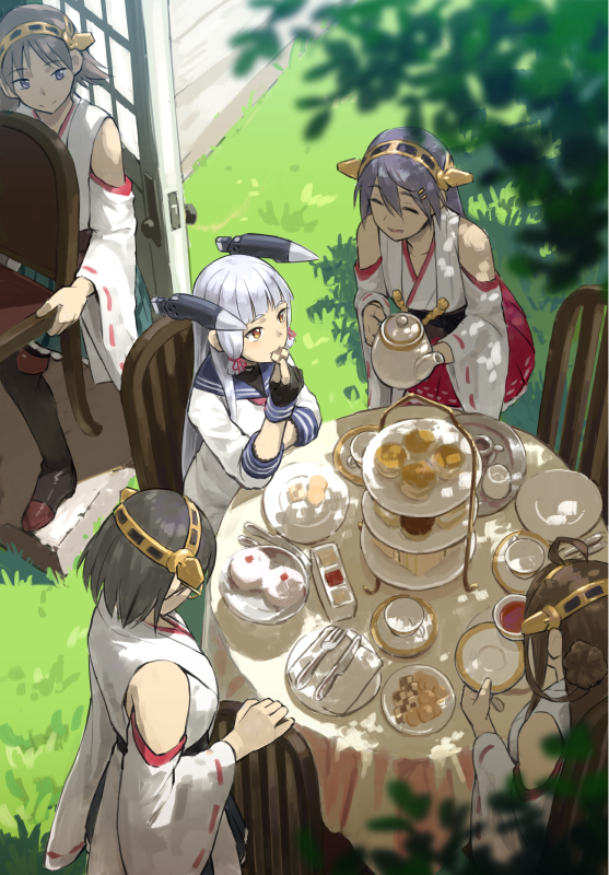 5girls ^_^ ahoge black_gloves black_hair blue_eyes blue_hair brown_eyes brown_hair chair checkerboard_cookie closed_eyes cookie cup detached_sleeves double_bun eating fingerless_gloves food fork from_above glasses gloves grass hair_ornament hairband hairclip haruna_(kantai_collection) headgear hiei_(kantai_collection) japanese_clothes kantai_collection kirishima_(kantai_collection) knife kongou_(kantai_collection) leaf long_hair multiple_girls murakumo_(kantai_collection) nathaniel_pennel nontraditional_miko outdoors plate sailor_dress saucer short_hair sitting smile table tablecloth tea_party teacup teapot tiered_tray