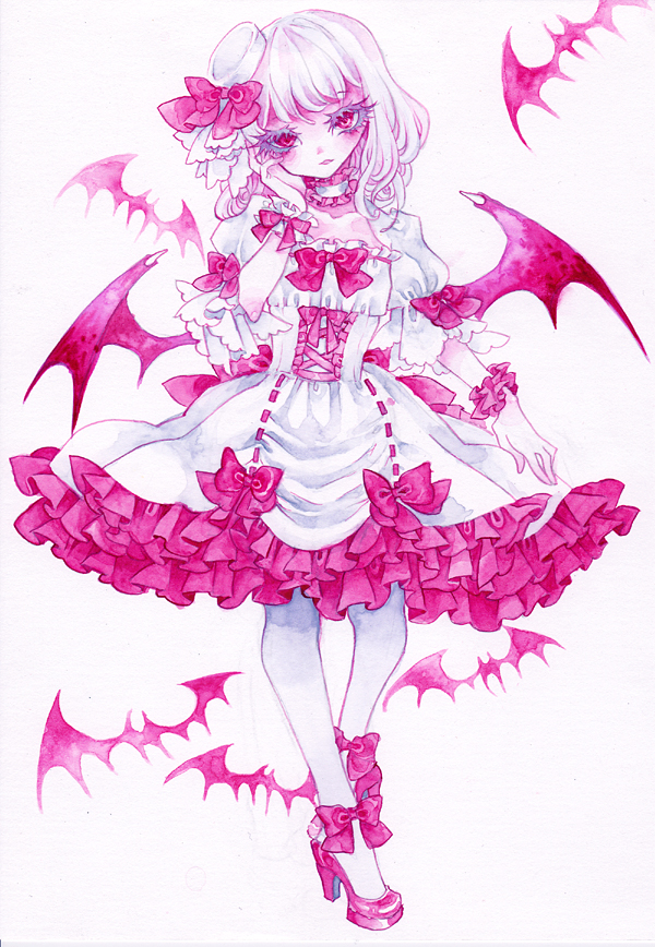 1girl bat bat_wings bow colored_eyelashes dress eyelashes frilled_dress frilled_skirt frills hair_bow hair_ribbon hat hat_bow looking_at_viewer miri_(tobira_no_mukou) open_mouth puffy_sleeves red_bow red_eyes red_shoes remilia_scarlet ribbon ruffled_dress ruffled_skirt ruffled_sleeves shoes short_hair short_sleeves simple_background skirt solo touhou traditional_media watercolor_(medium) white_background white_dress white_hair white_legwear wings wrist_cuffs