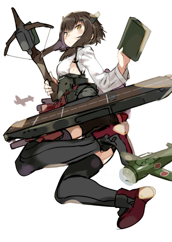 1girl aircraft airplane bike_shorts blush bow_(weapon) brown_eyes brown_hair clip_(weapon) crossbow from_below headband headgear holding_weapon jumping kantai_collection karei_(hirameme) looking_at_viewer looking_down pleated_skirt red_skirt short_hair shorts_under_skirt simple_background skirt solo taihou_(kantai_collection) thigh-highs weapon white_background