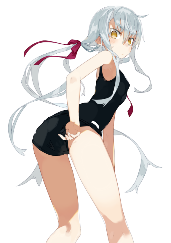 1girl adjusting_clothes adjusting_swimsuit bow female from_behind from_below hair_bow karei_(hirameme) long_hair looking_at_viewer low_twintails original school_swimsuit silver_hair simple_background solo swimsuit tagme twintails white_background yellow_eyes