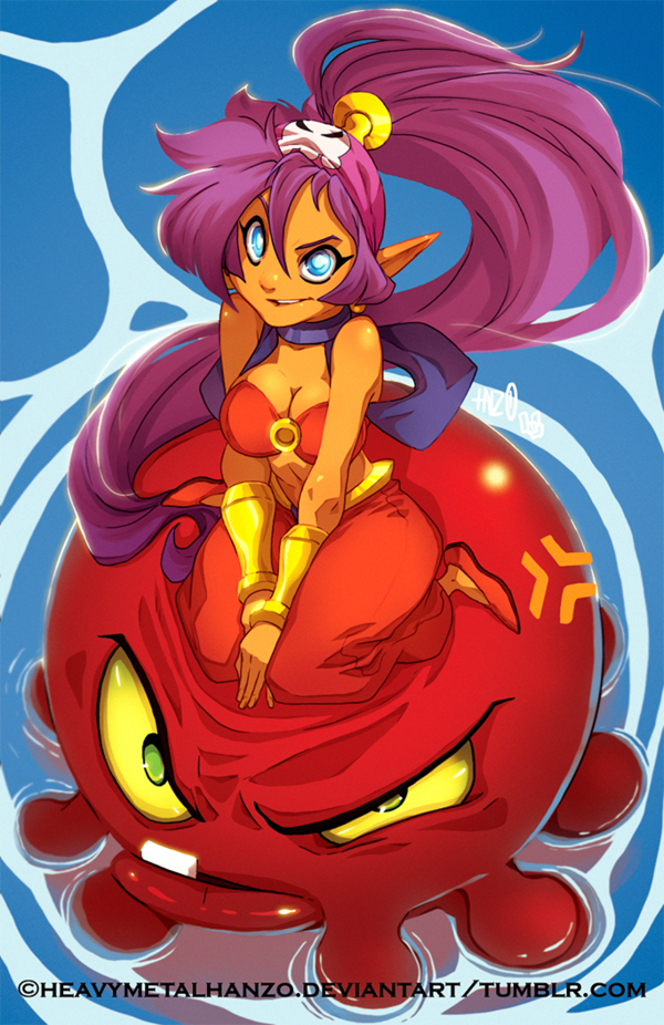 1girl bandana bandeau blue_eyes breasts choker cleavage dark_skin earrings flats harem_pants hoop_earrings jewelry long_hair metalhanzo pants pointy_ears ponytail purple_hair shantae shantae_(character) shantae_and_the_pirate's_curse sitting sitting_on_person squid squid_baron v_arms vambraces very_long_hair vest water