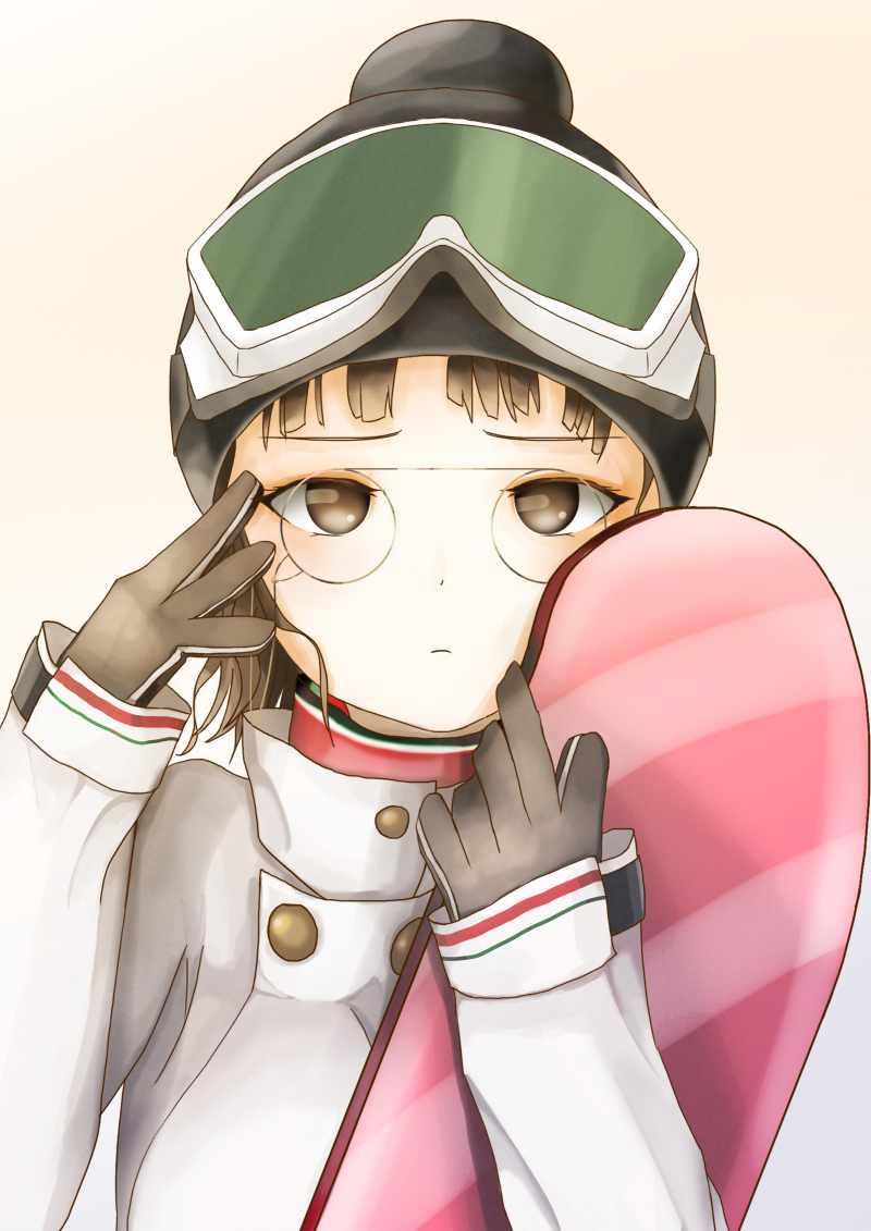 1girl brown_eyes brown_hair glasses gloves goggles_on_hat hat jacket kantai_collection momin pince-nez roma_(kantai_collection) short_hair snowboard solo