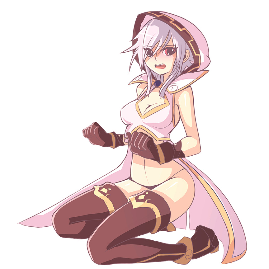 1girl alternate_costume blush boots breasts cleavage crop_top crop_top_overhang gloves hood looking_at_viewer midriff navel neptune_(series) open_mouth panties red_eyes robe s-sha sitting solo thigh-highs thigh_boots underwear wariza white_hair