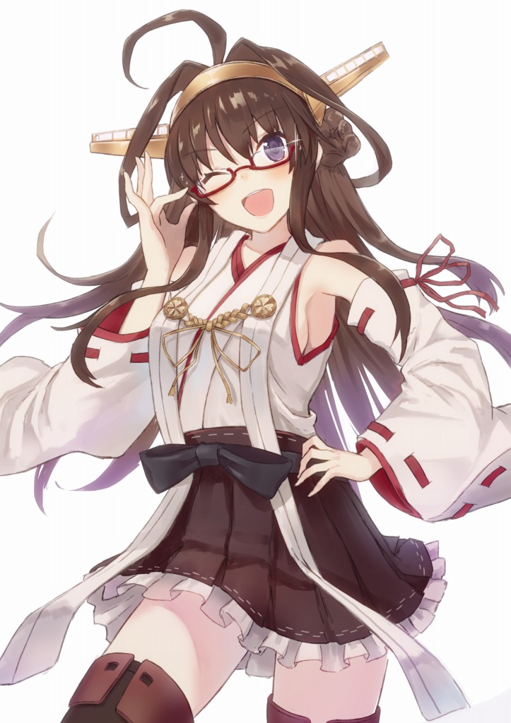 1girl ;d ahoge blush breasts brown_hair detached_sleeves glasses hairband hand_on_hip haru_(hiyori-kohal) kantai_collection kongou_(kantai_collection) long_hair nontraditional_miko one_eye_closed open_mouth pleated_skirt red-framed_glasses ribbon-trimmed_sleeves ribbon_trim semi-rimless_glasses shirt simple_background skirt sleeveless sleeveless_shirt smile solo sparkle under-rim_glasses very_long_hair violet_eyes white_background