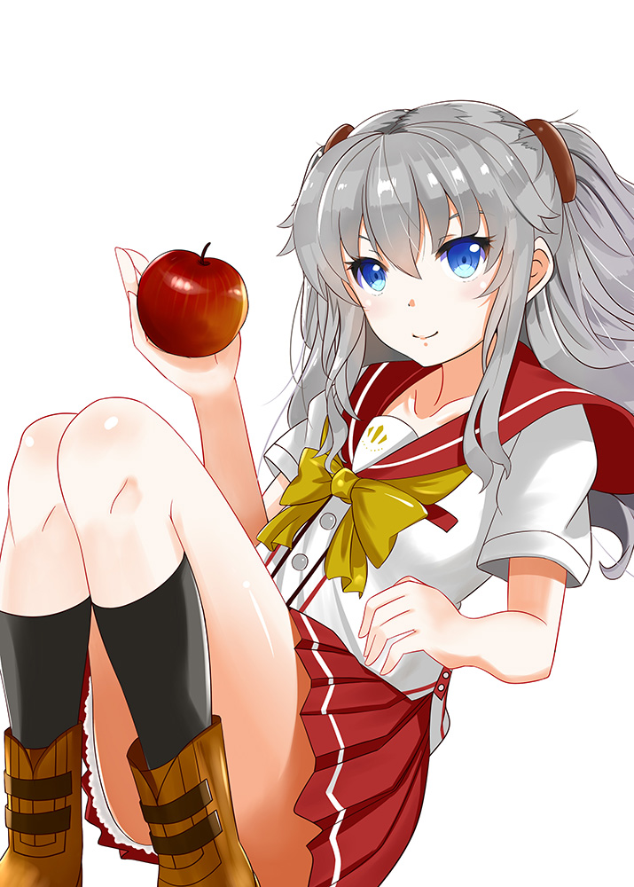 1girl apple blue_eyes boots charlotte_(anime) food fruit koukoku long_hair school_uniform serafuku silver_hair tomori_nao two_side_up