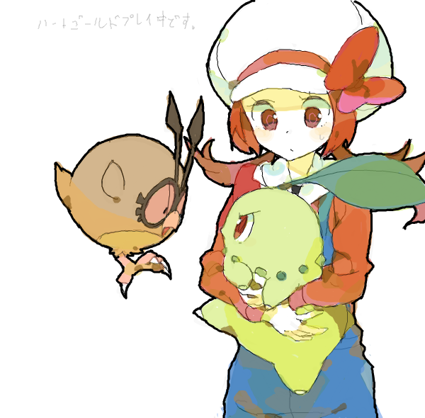 1girl brown_eyes brown_hair chikorita creatures_(company) dinosaur game_freak hat hat_ribbon hoothoot kotone_(pokemon) nintendo overalls owl pokemon pokemon_(creature) pokemon_(game) pokemon_hgss ribbon sweatdrop twintails